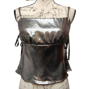 Womens Silver Metallic Babydoll Top Cami Small Strappy Going Out Party Cyber Y2K